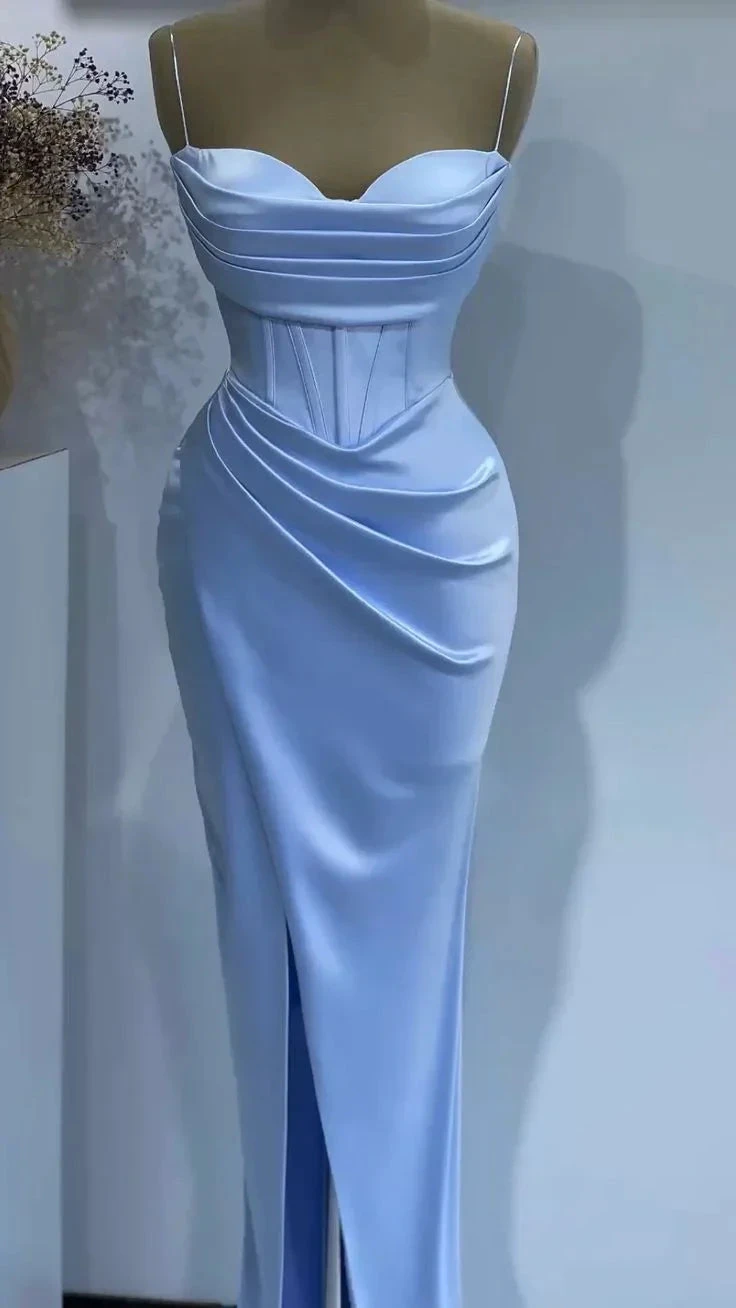 Elegant light blue satin evening dress on mannequin with draped bodice and high slit, ZAPDRESS