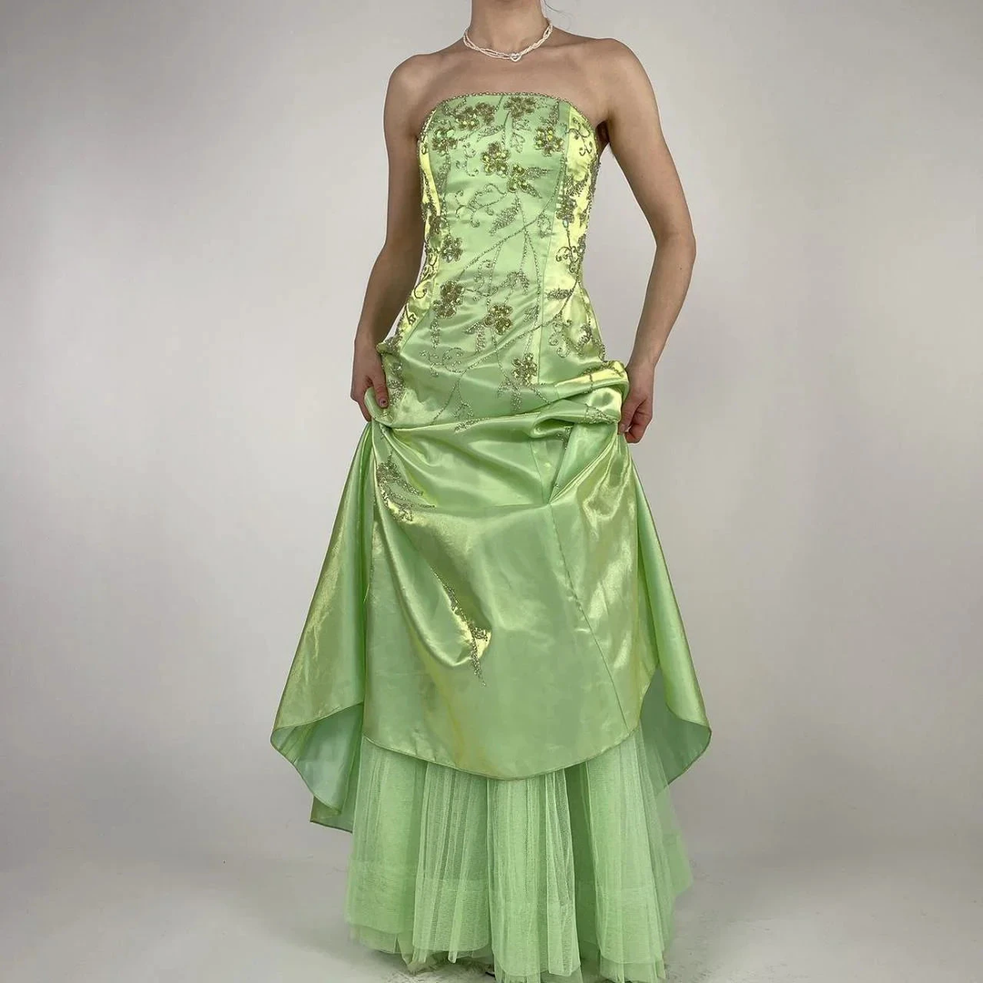 Strapless Green Satin Beaded A Line Prom Dress Evening Dress Y8412 by simplepromdress