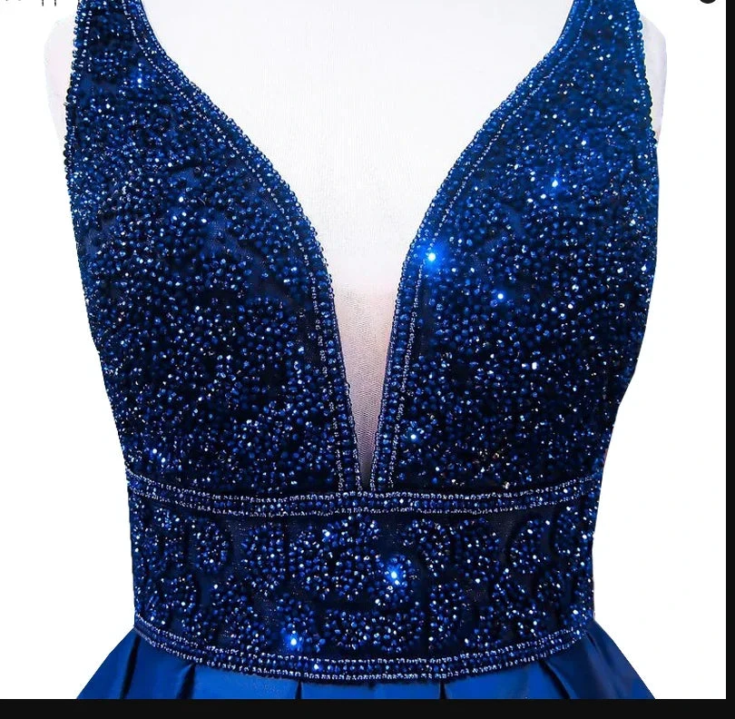 Women's Long Evening Dress Navy Blue V-Neck Sleeveless Open Back Beaded Formal Evening Dress Y1193 by simplepromdress