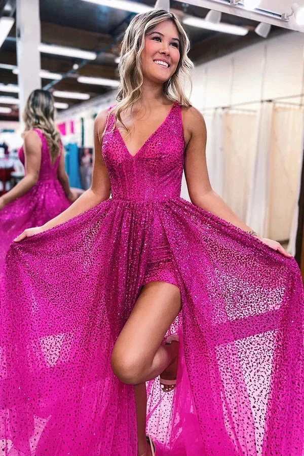 Plunging V-Neck High Split Sequins Sparkly Prom Dress Formal Evening Dress Y1905 by simplepromdress