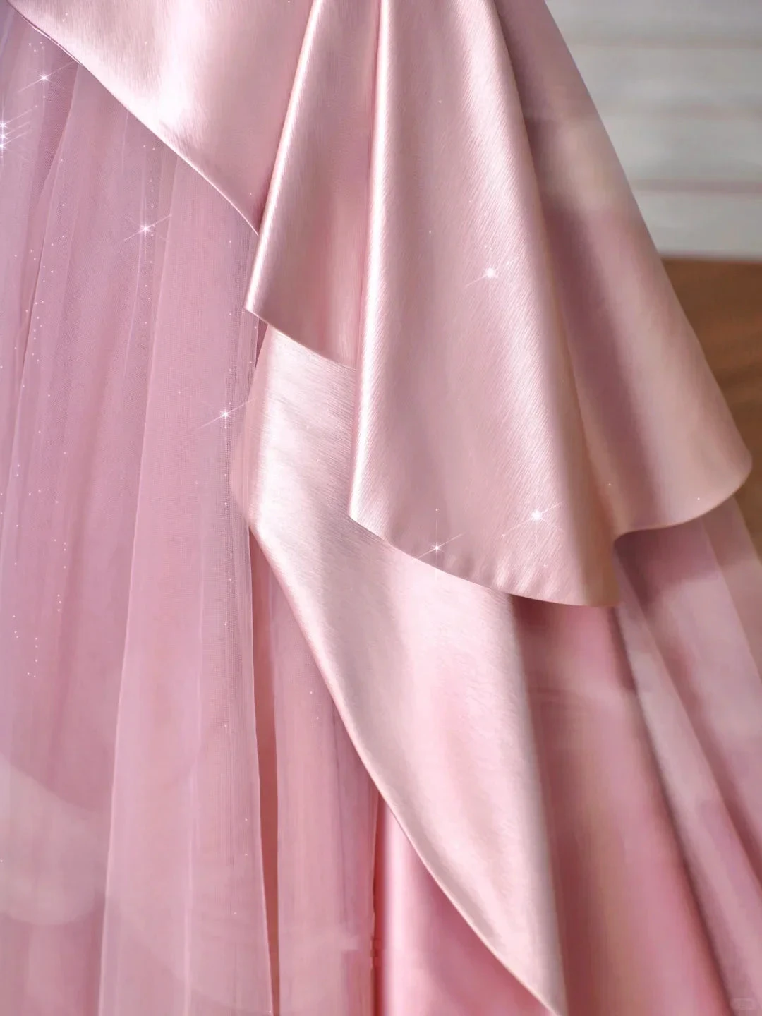Elegant Feathers Neck Strapless Tulle Satin Ball Gown Pink A Line Prom Evening Dress Y8629 by simplepromdress