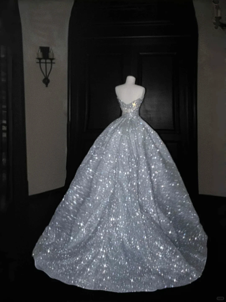 Glitter Strapless Blue Tulle Sequins A Line Prom Dress Evening Dress,Formal Wedding Dress Y8676 by simplepromdress