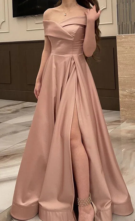 Elegant off-shoulder blush pink evening gown with high slit, ZAPDRESS formal wear