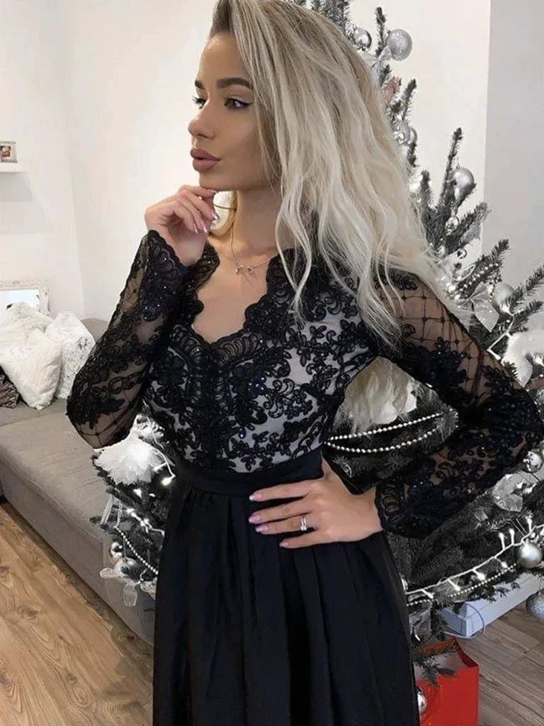 Long Sleeves V Neck Black Lace Prom Dresses, Long Sleeves Black Lace Formal Evening Dresses Y235 by simplepromdress