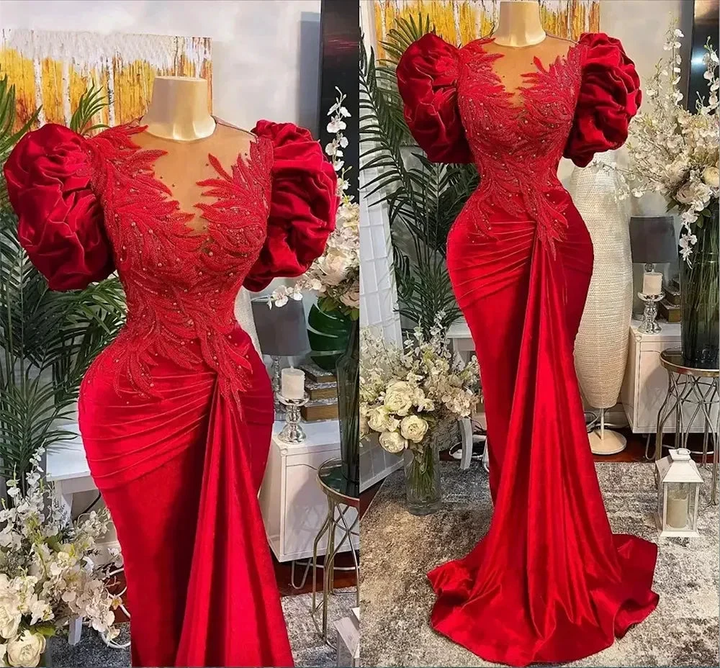 Luxury Red Mermaid Prom Dresses Lace Beaded Sheer Neck Evening Dress Formal Party Wear Y02 by simplepromdress