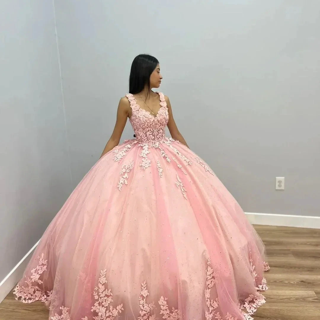 Pink Quinceanera Dresses with Lace Appliques Mexican Ball Gown 15th Birthday Dress Y4675 by simplepromdress