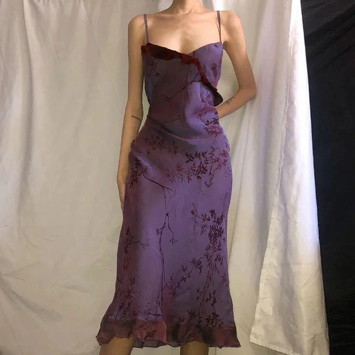 Vintage Print Ruffles Evening Dress Purple Straps Prom Dress Y7876 by simplepromdress