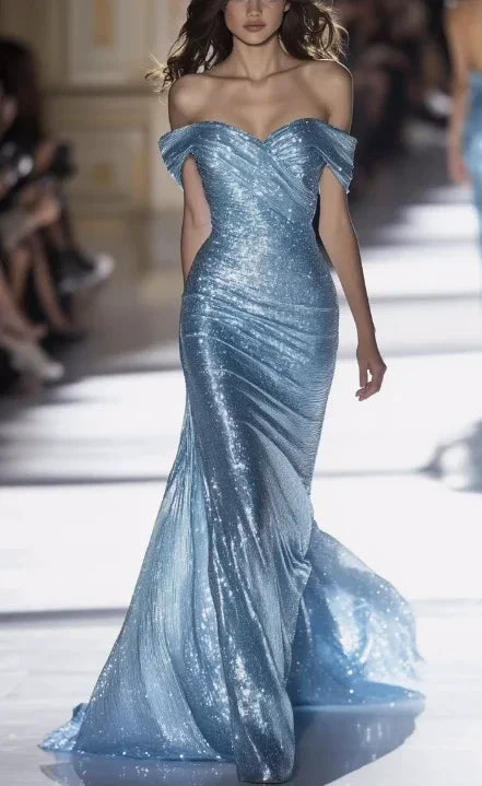 Classy Off The Shoulder Mermaid Evening Dress Blue Long Prom Dress Y8346 by simplepromdress