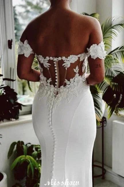 Eleagnt Long White Mermaid Off-the-shoulder Lace Wedding Dress with Train by misshow.com