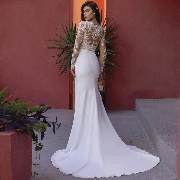 Elegant A-Line Wedding Dresses For Women Spring V Neck Deep Long Sleeve Lace Slim Fashion Bride&