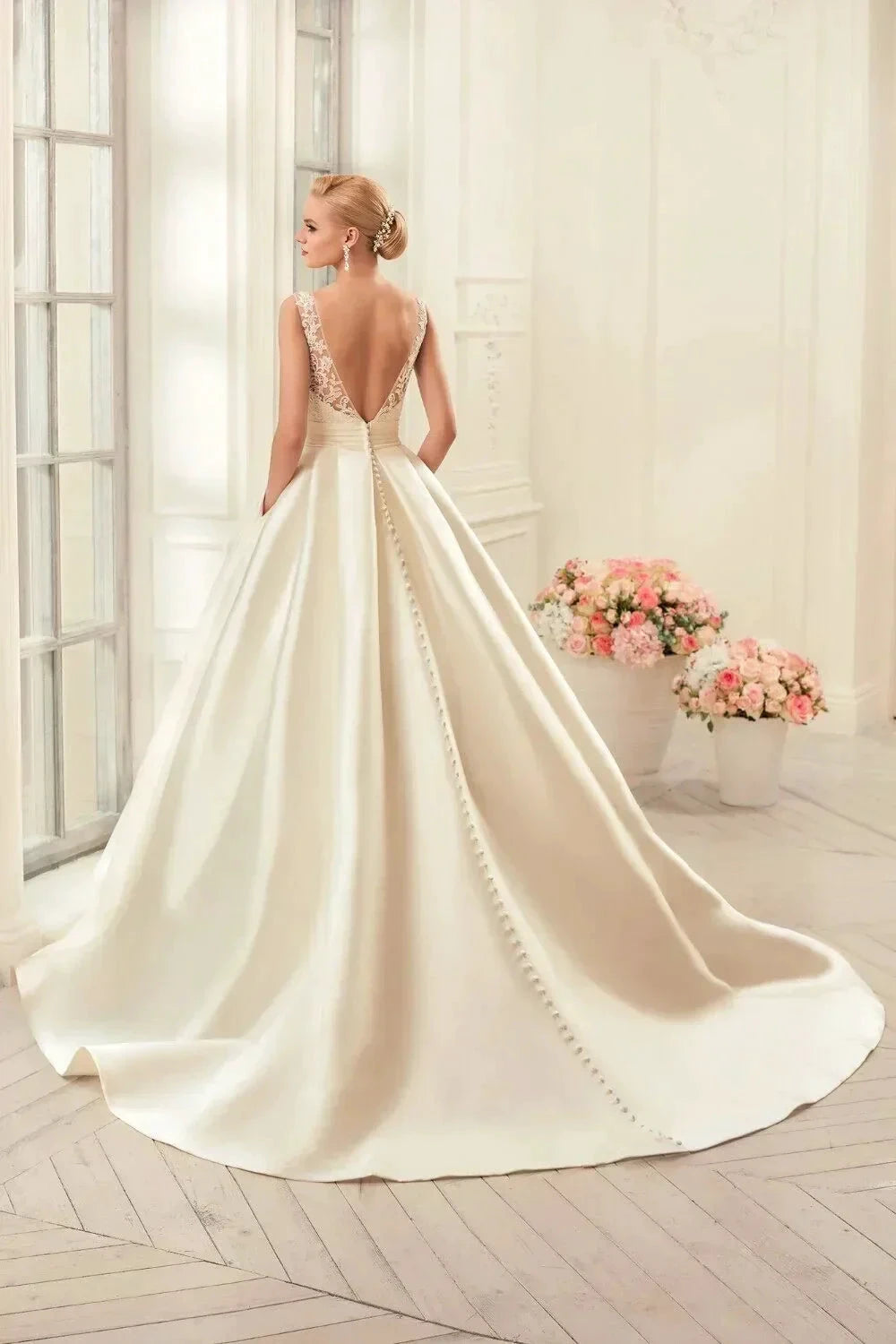 Elegant Beige Gown with Satin Lace Crew-Neck Wide Strap Sleeveless Floor-Length Evening Gown for Women vestidos de novia by payinti