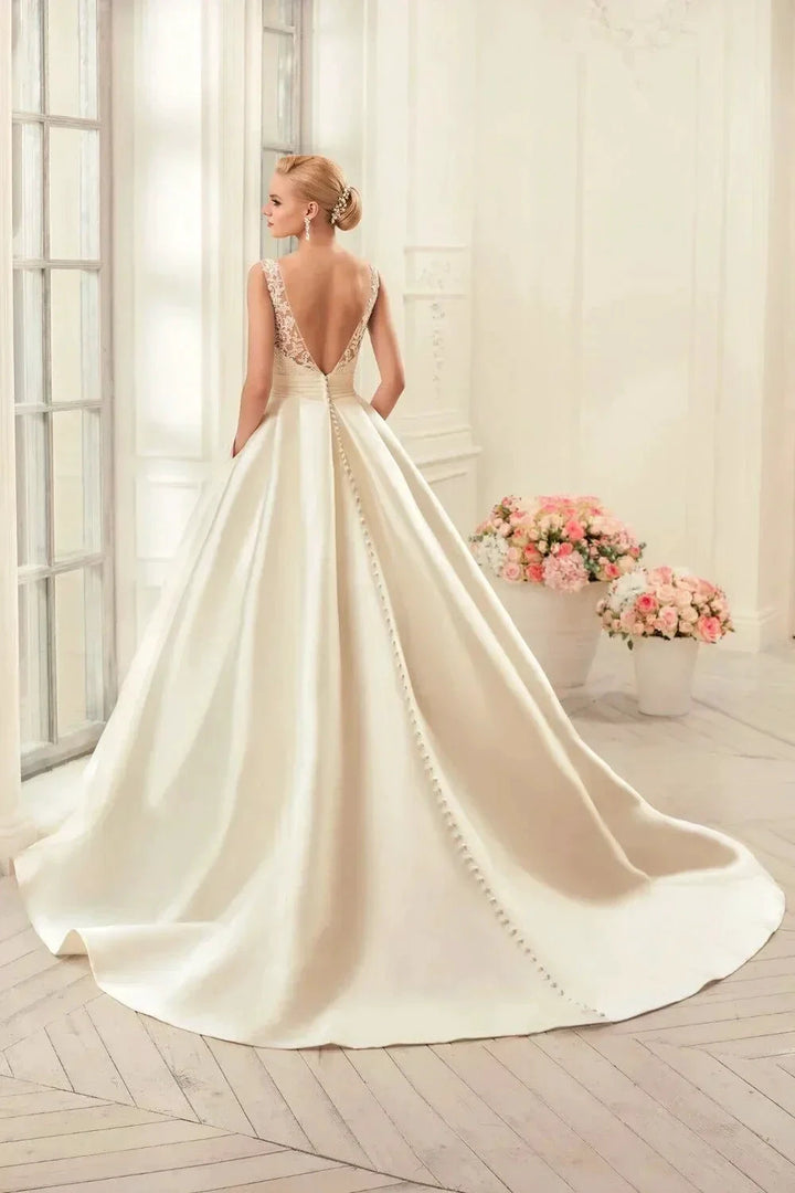 Elegant Beige Gown with Satin Lace Crew-Neck Wide Strap Sleeveless Floor-Length Evening Gown for Women vestidos de novia by payinti