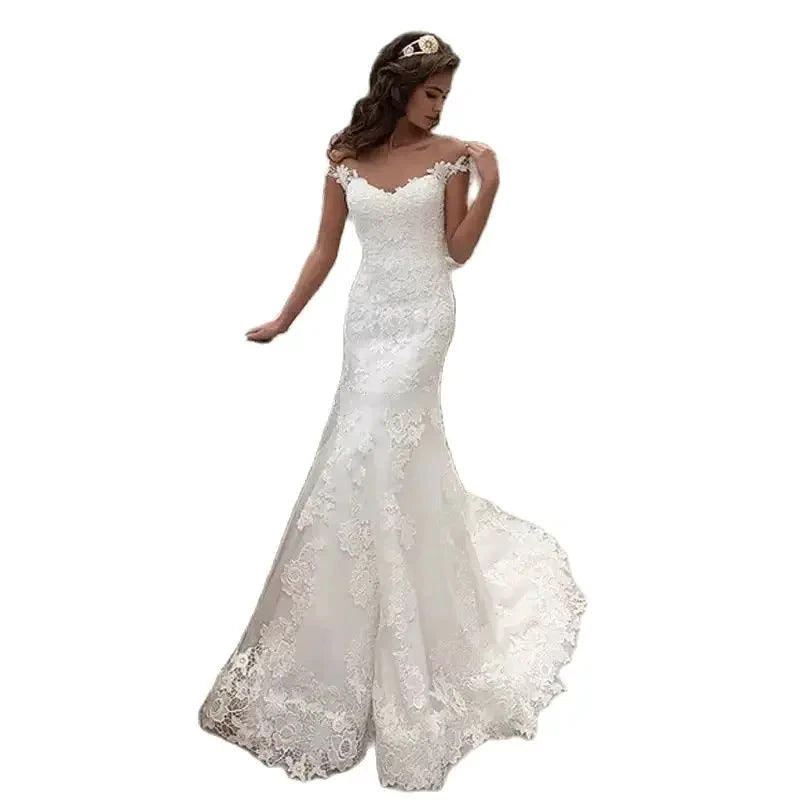 Elegant Beige Satin Off-Shoulder Straps Embroidered for Bride&