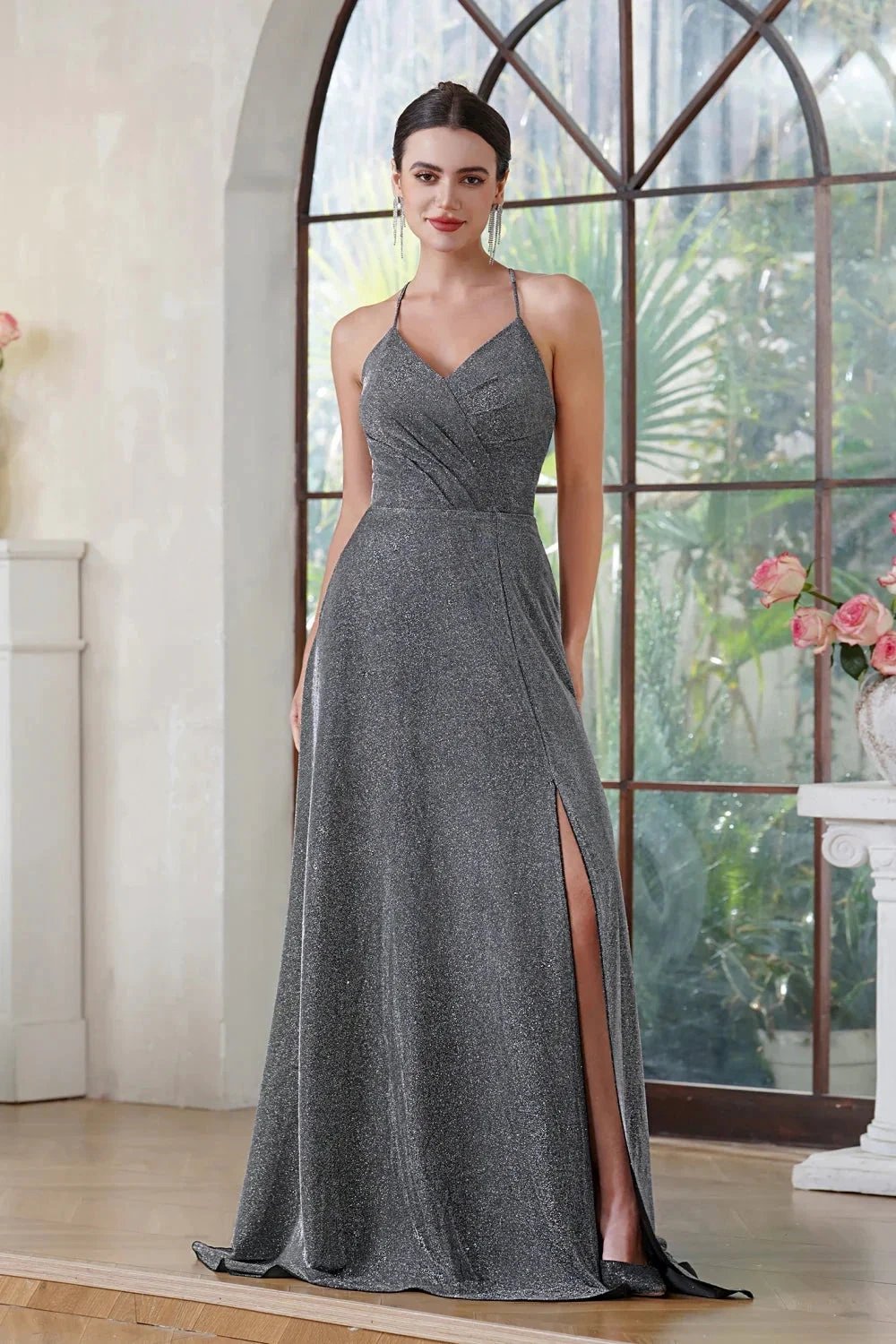 Elegant Halter Shiny Silk Long Prom Dress V-Neck Pleated Side Slit Party Dress with Pocket by misshow.com