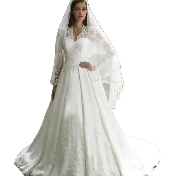 Elegant Italian white bridal dress V-neck stand-up collar lace applique long sleeve satin button Saudi Arabian trouw jurken dame by payinti