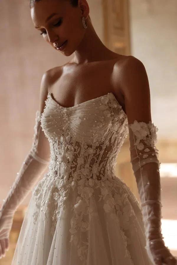Elegant Ivory Long A-Line Strapless Lace Sweetheart Wedding Dresses by BIZTUNNEL