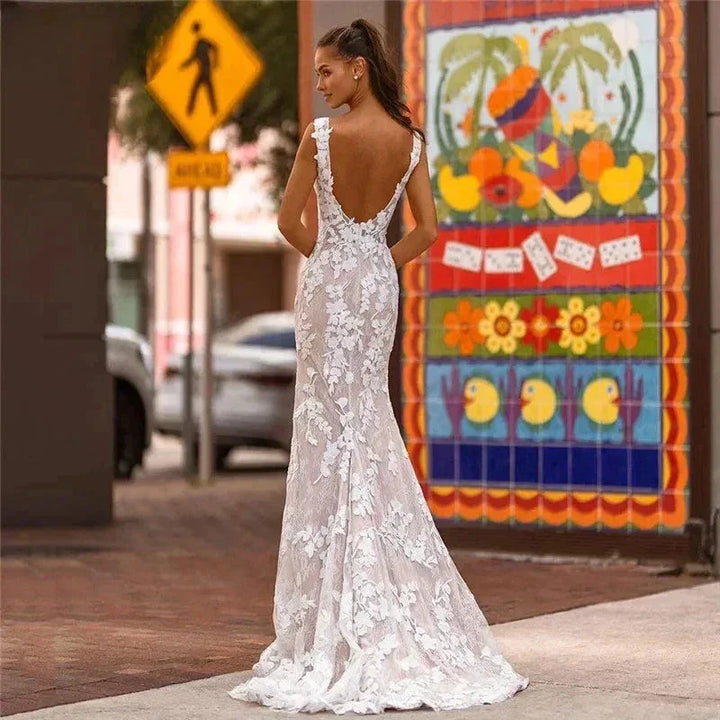 Elegant Lace Mermaid Vestidos De Novia Beach Open Back Sleeveless Wedding Dresses Appliques Vestido De Noiva by payinti