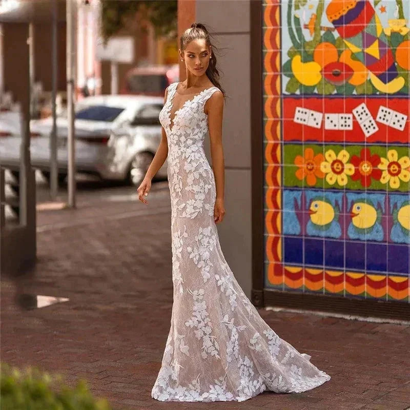 Elegant Lace Mermaid Vestidos De Novia Beach Open Back Sleeveless Wedding Dresses Appliques Vestido De Noiva by payinti