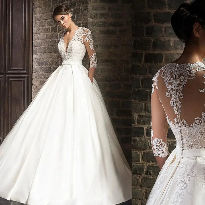 Elegant Lace Wedding Dresses Sexy Deep V-Neck Vestido De Novia Sleeve Bridal Gowns with Pockets Customized Robe Mariee by payinti