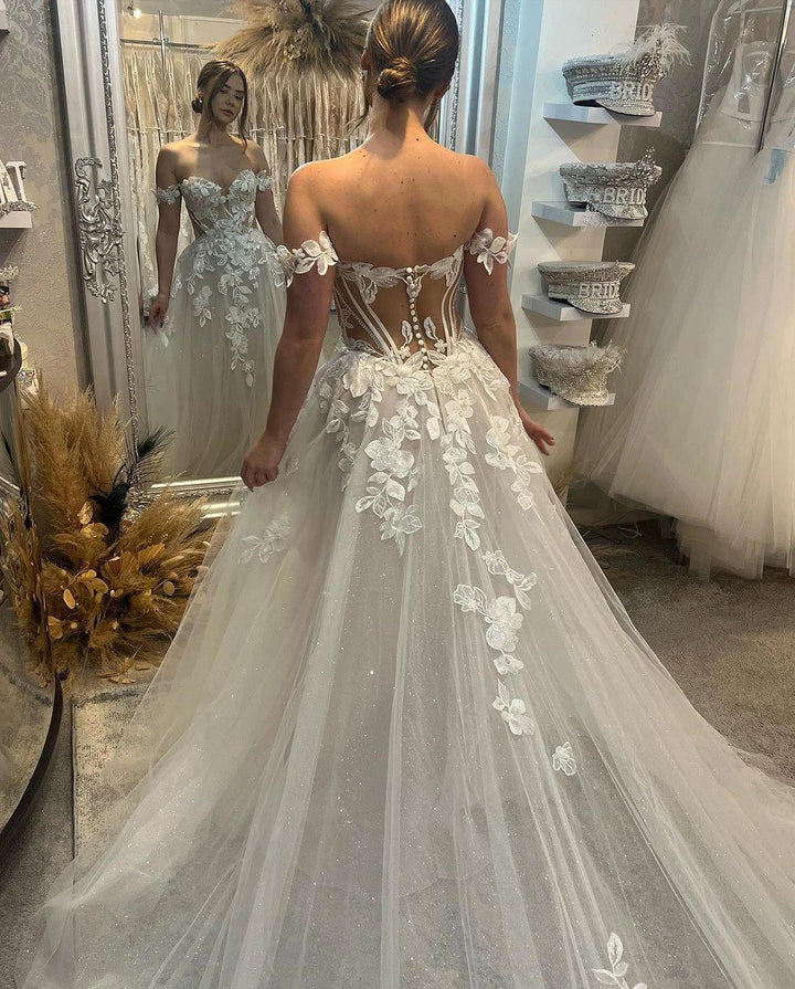 Elegant Long A-line Off-the-shoulder Sweetheart Appliques Glitter Wedding Dress by misshow.com