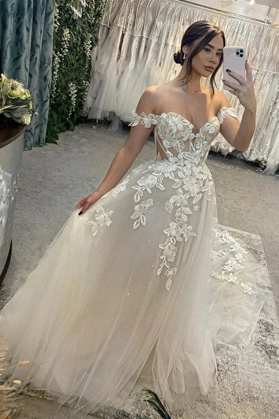 Elegant Long A-line Off-the-shoulder Sweetheart Appliques Glitter Wedding Dress by misshow.com