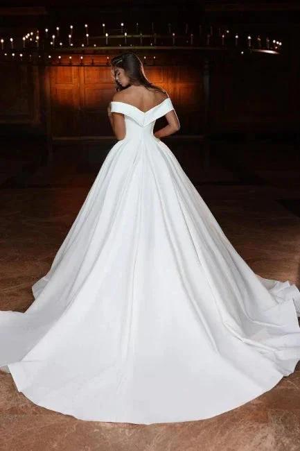 Elegant Long A-line Off-the-shoulder V-neck Satin Wedding Dress by misshow.com