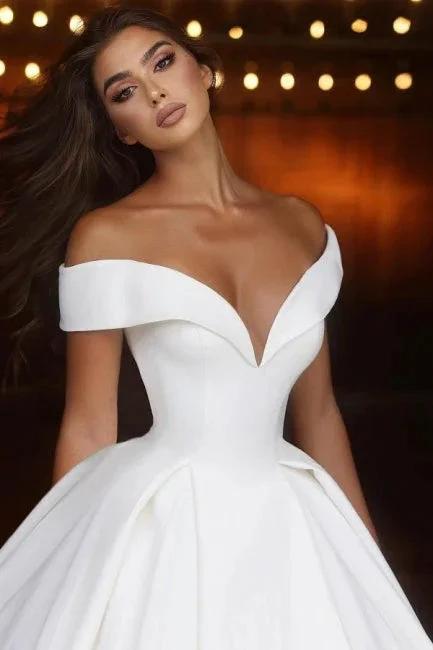 Elegant Long A-line Off-the-shoulder V-neck Satin Wedding Dress by misshow.com