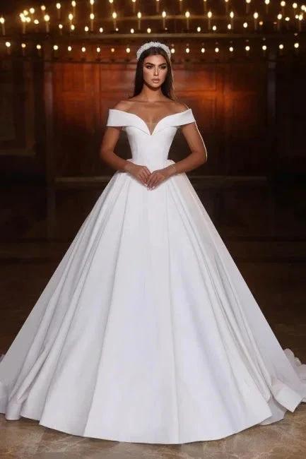 Elegant Long A-line Off-the-shoulder V-neck Satin Wedding Dress by misshow.com