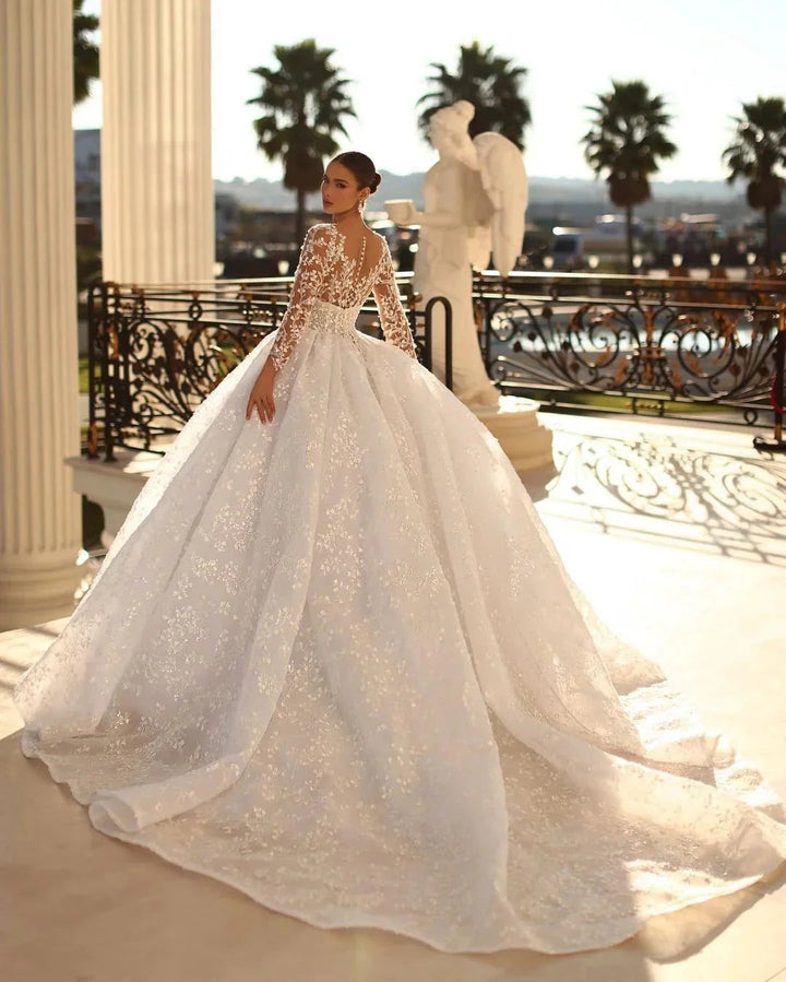 Elegant Long Ivory V-neck Ball Gown Lace Wedding Dress With Long Sleeves by misshow.com