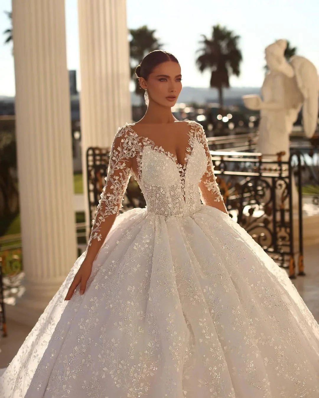 Elegant Long Ivory V-neck Ball Gown Lace Wedding Dress With Long Sleeves by misshow.com