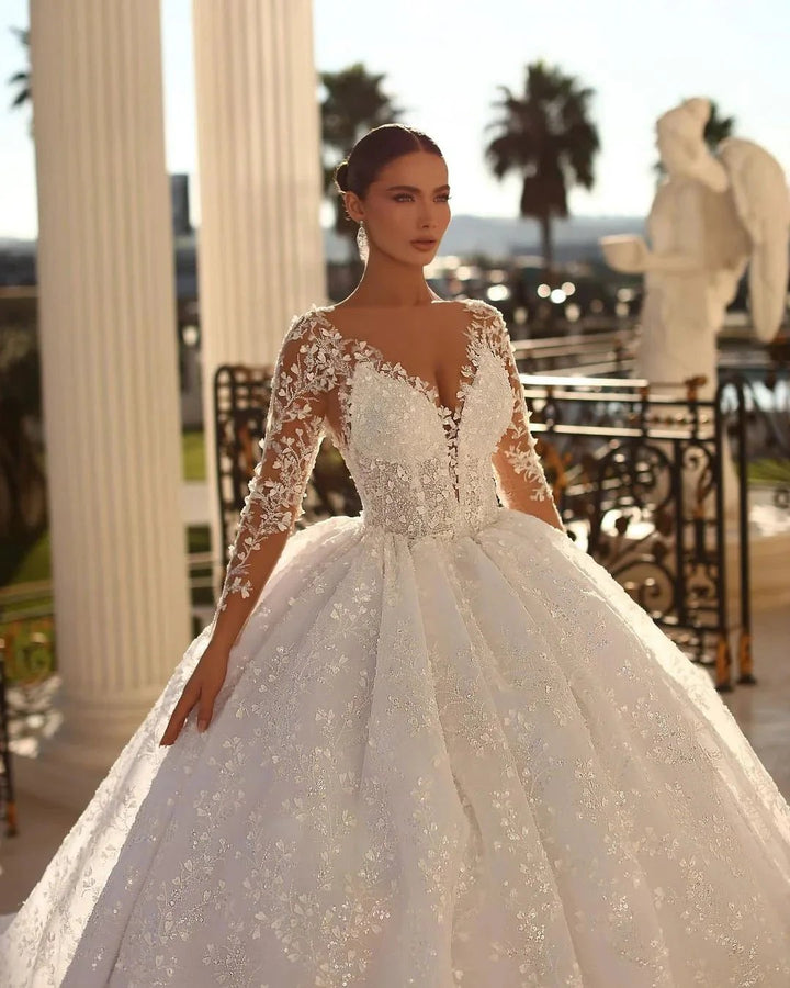 Elegant Long Ivory V-neck Ball Gown Lace Wedding Dress With Long Sleeves by misshow.com