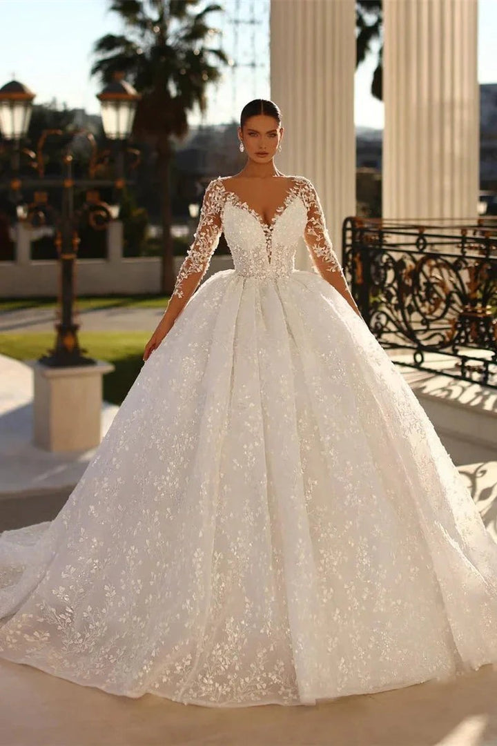 Elegant Long Ivory V-neck Ball Gown Lace Wedding Dress With Long Sleeves by misshow.com