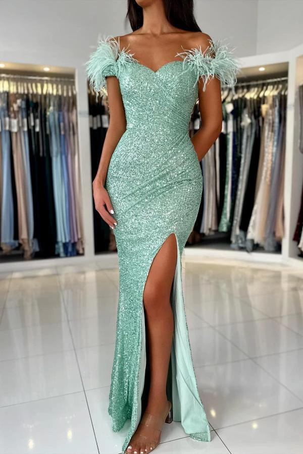 Mermaid Off-the-Shoulder Sequined Fur Long Prom Dresses with Split by BIZTUNNEL