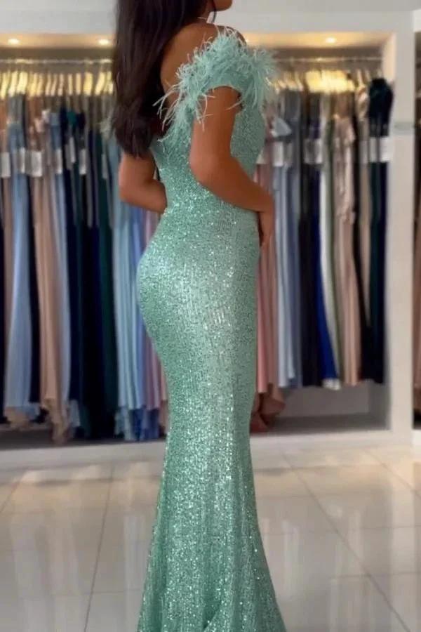 Mermaid Off-the-Shoulder Sequined Fur Long Prom Dresses with Split by BIZTUNNEL