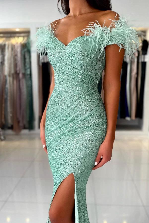 Mermaid Off-the-Shoulder Sequined Fur Long Prom Dresses with Split by BIZTUNNEL