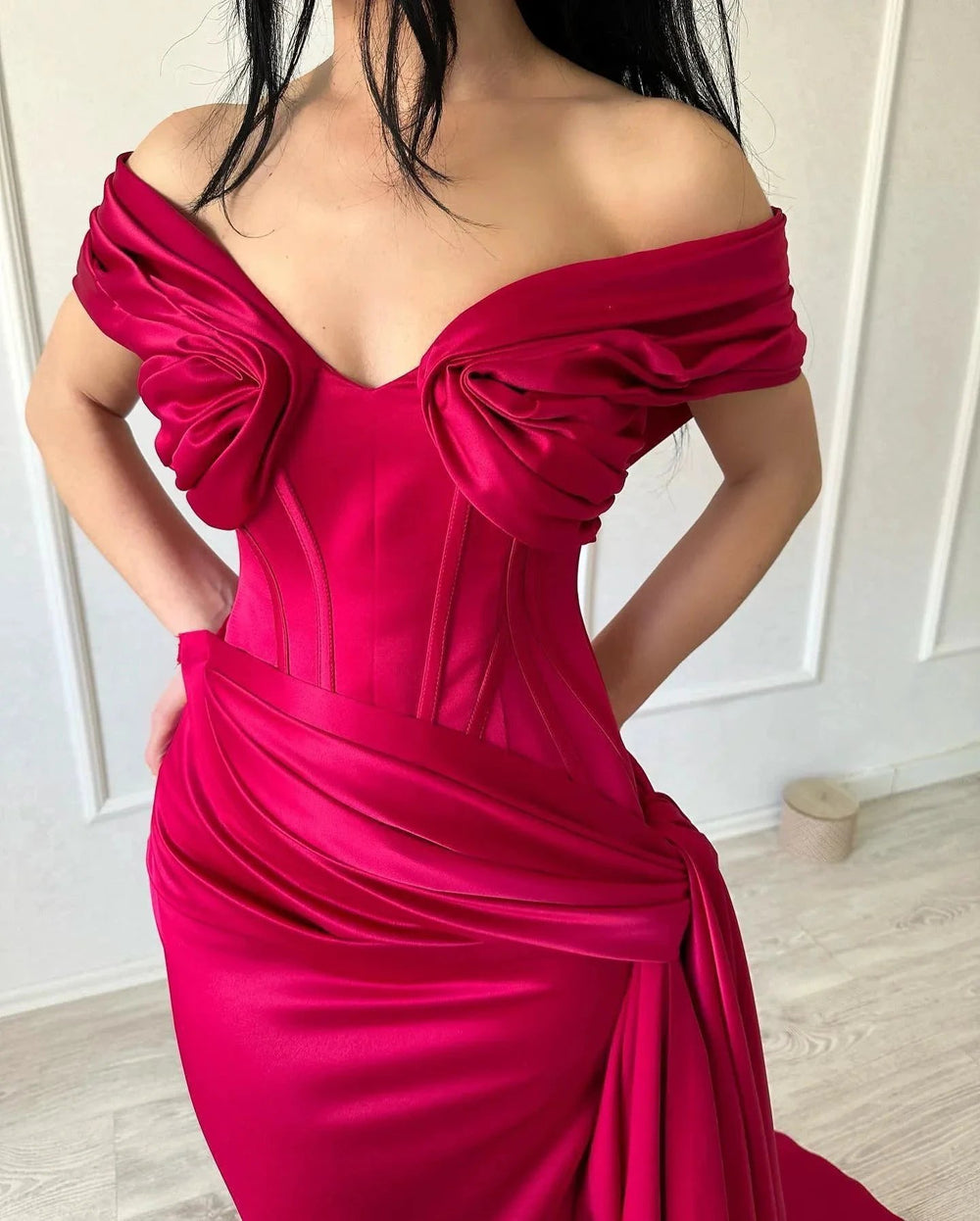Elegant Long Mermaid Off-the-shoulder Sleeveless V-neck Satin Fuchsia Prom Dress by misshow.com