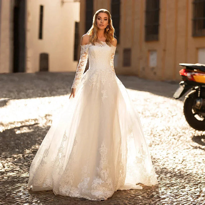 Elegant Long Sleeve Wedding Dresses Off The Shoulder Boat Neck Lace Appliques Sweep Train A-Line Bridal Gown Vestidos De Novia by payinti