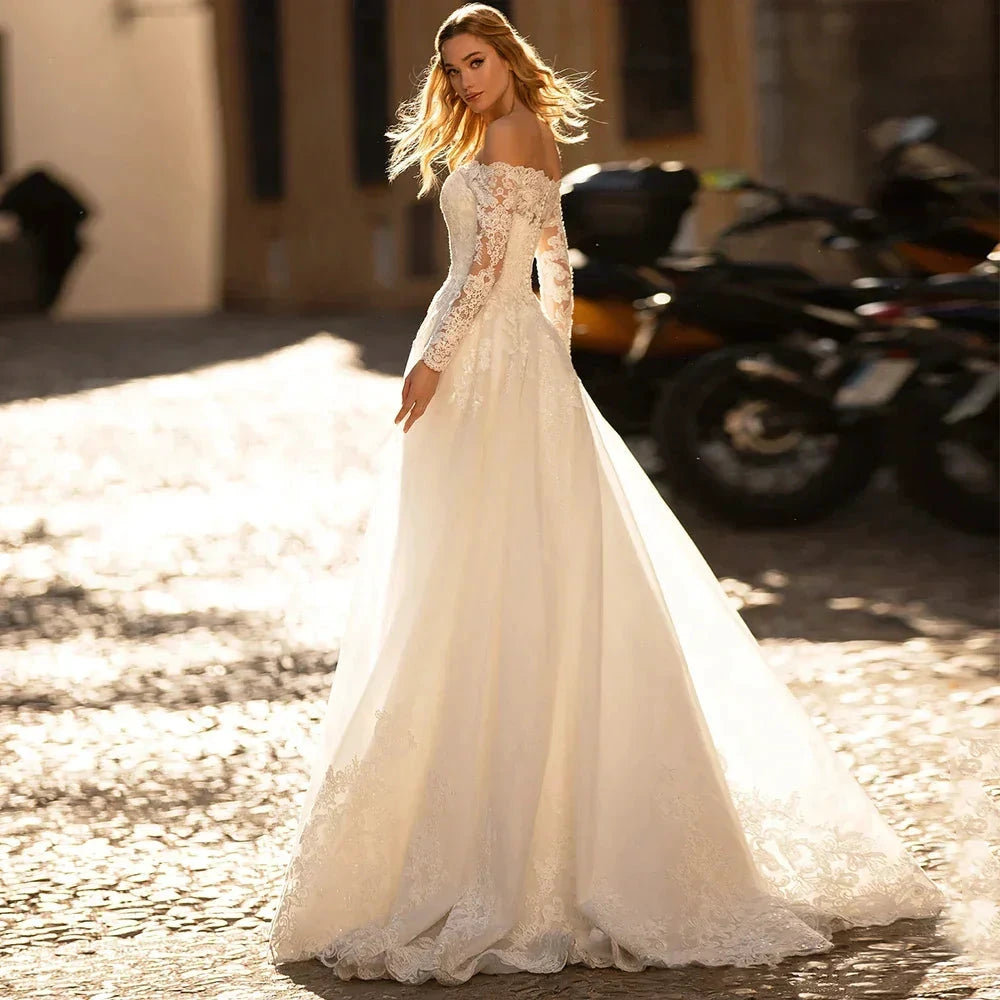 Elegant Long Sleeve Wedding Dresses Off The Shoulder Boat Neck Lace Appliques Sweep Train A-Line Bridal Gown Vestidos De Novia by payinti