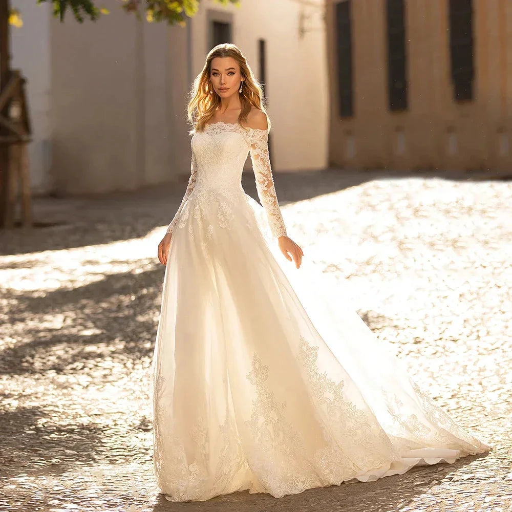 Elegant Long Sleeve Wedding Dresses Off The Shoulder Boat Neck Lace Appliques Sweep Train A-Line Bridal Gown Vestidos De Novia by payinti