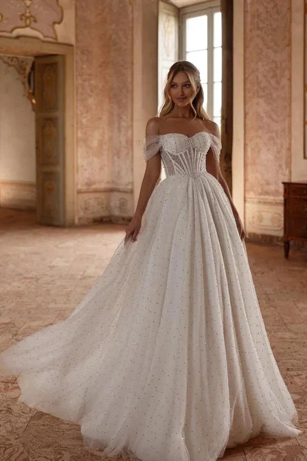Elegant Long White A Line Off-The-Shoulder Tulle Wedding Dress by BIZTUNNEL