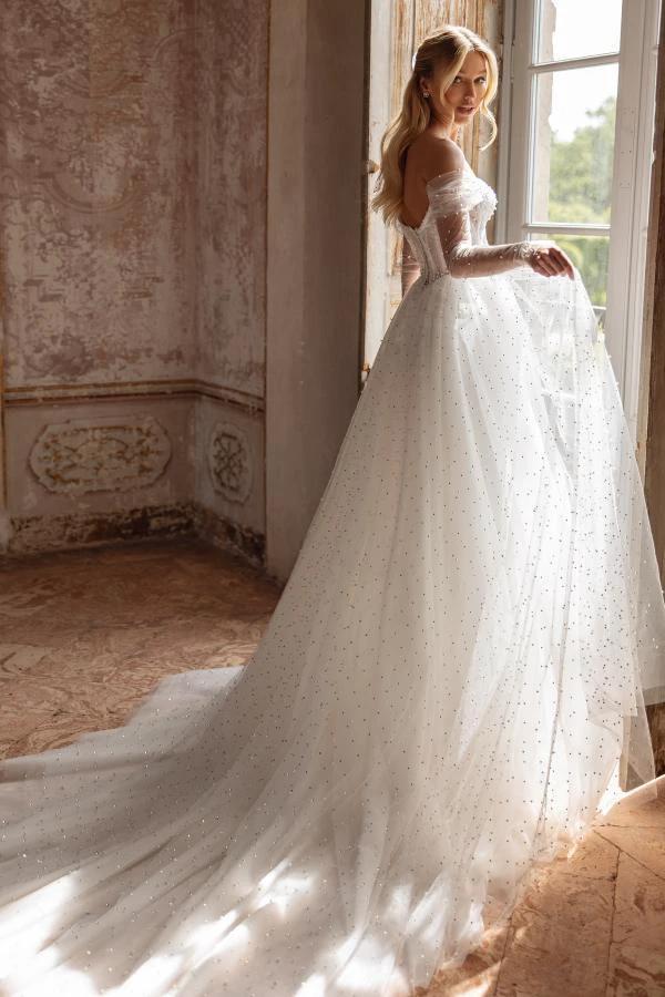 Elegant Long White A Line Off-The-Shoulder Tulle Wedding Dress by BIZTUNNEL