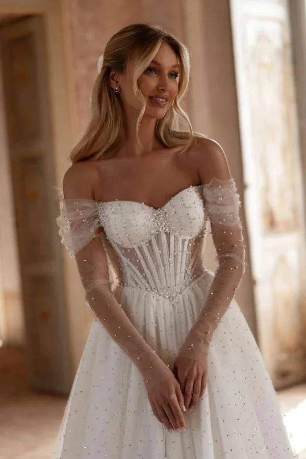 Elegant Long White A Line Off-The-Shoulder Tulle Wedding Dress by BIZTUNNEL
