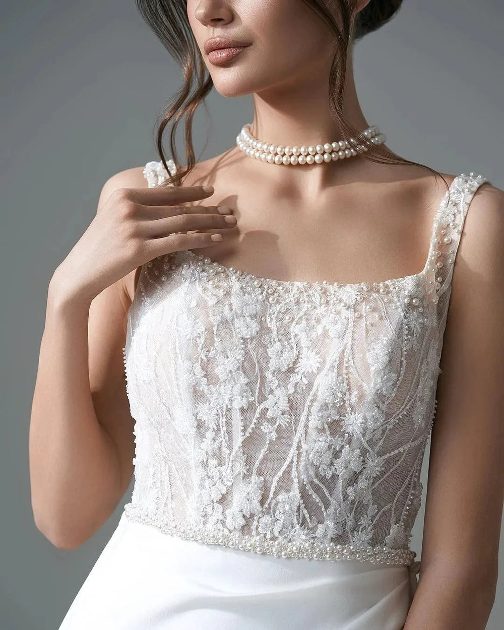 Elegant Long White A-line Beading Lace Pearls Sleeveless Wedding Dress With Slit by misshow.com