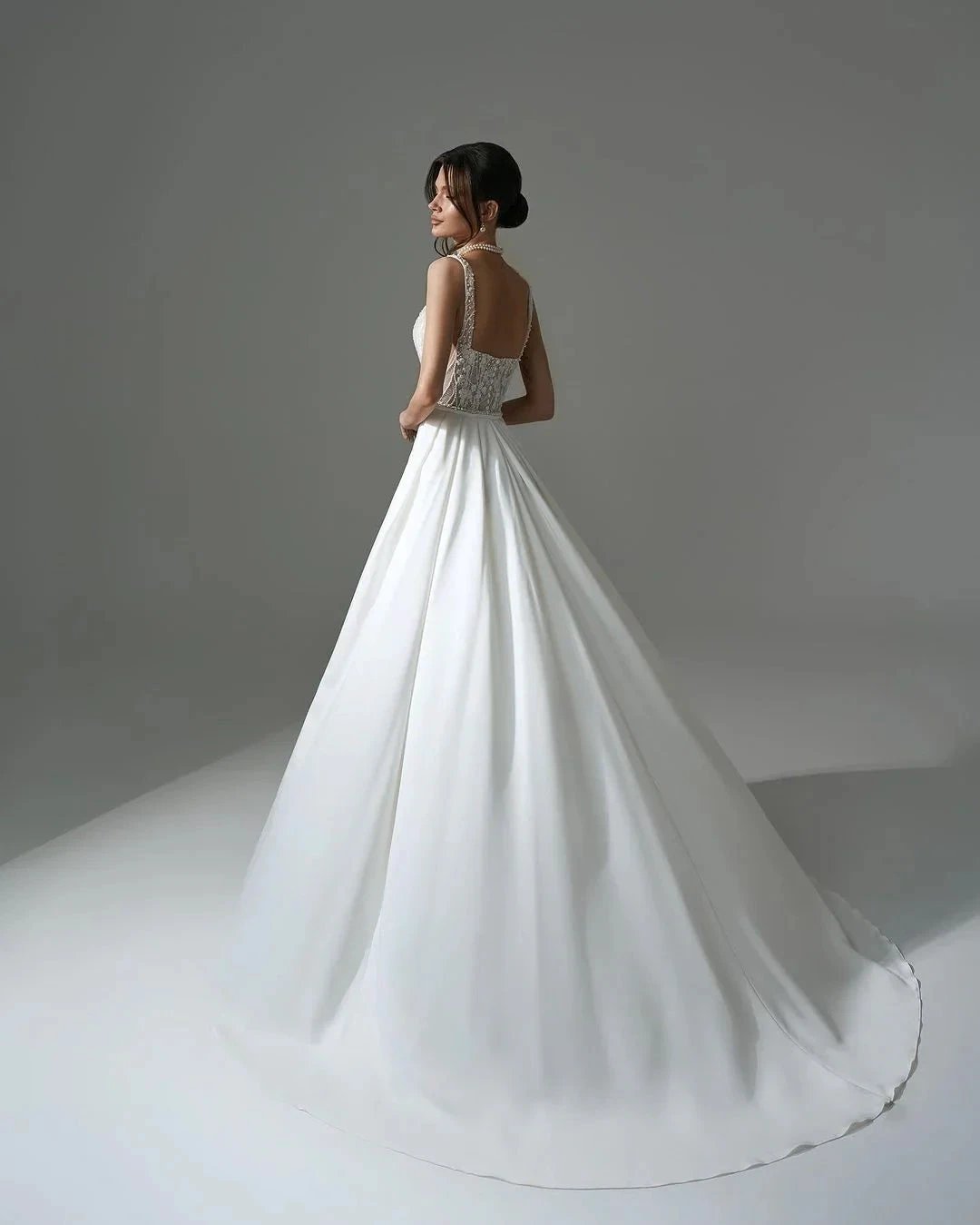 Elegant Long White A-line Beading Lace Pearls Sleeveless Wedding Dress With Slit by misshow.com