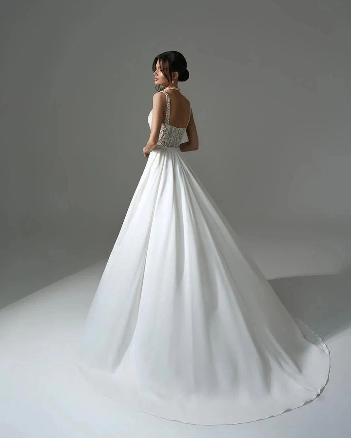 Elegant Long White A-line Beading Lace Pearls Sleeveless Wedding Dress With Slit by misshow.com