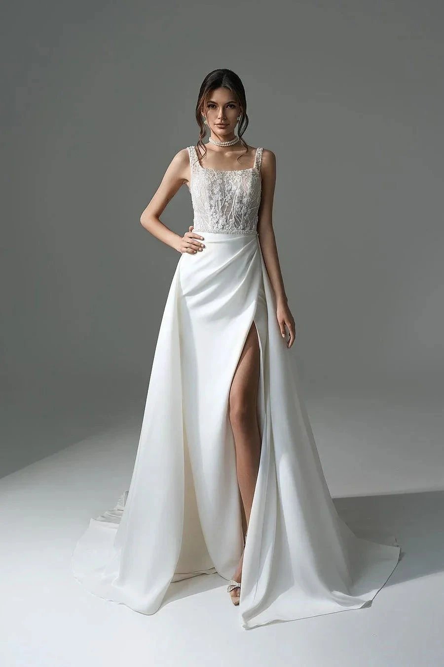 Elegant Long White A-line Beading Lace Pearls Sleeveless Wedding Dress With Slit by misshow.com