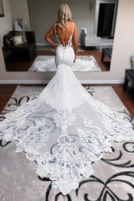 Elegant Long White Mermaid Straps V-neck Backless Wedding Dress with Lace by misshow.com