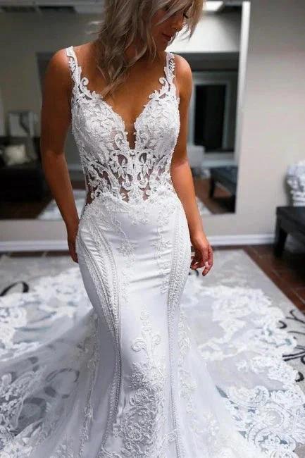 Elegant Long White Mermaid Straps V-neck Backless Wedding Dress with Lace by misshow.com