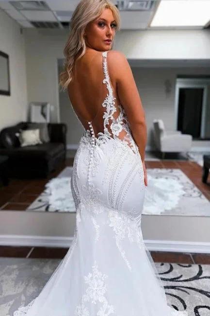 Elegant Long White Mermaid Straps V-neck Backless Wedding Dress with Lace by misshow.com