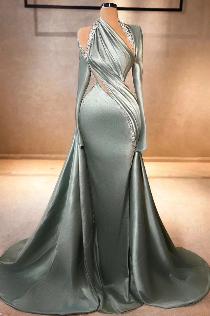 Elegant Mermaid Long Sleeve Halter Ruffles Satin Prom Dresses by misshow.com